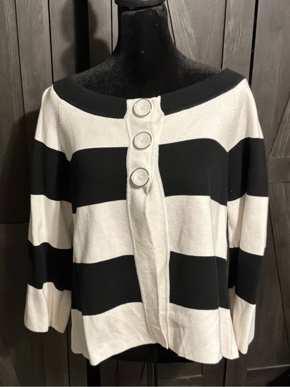 Peck & Peck Black and White Striped Off-Shoulder Button Sweater